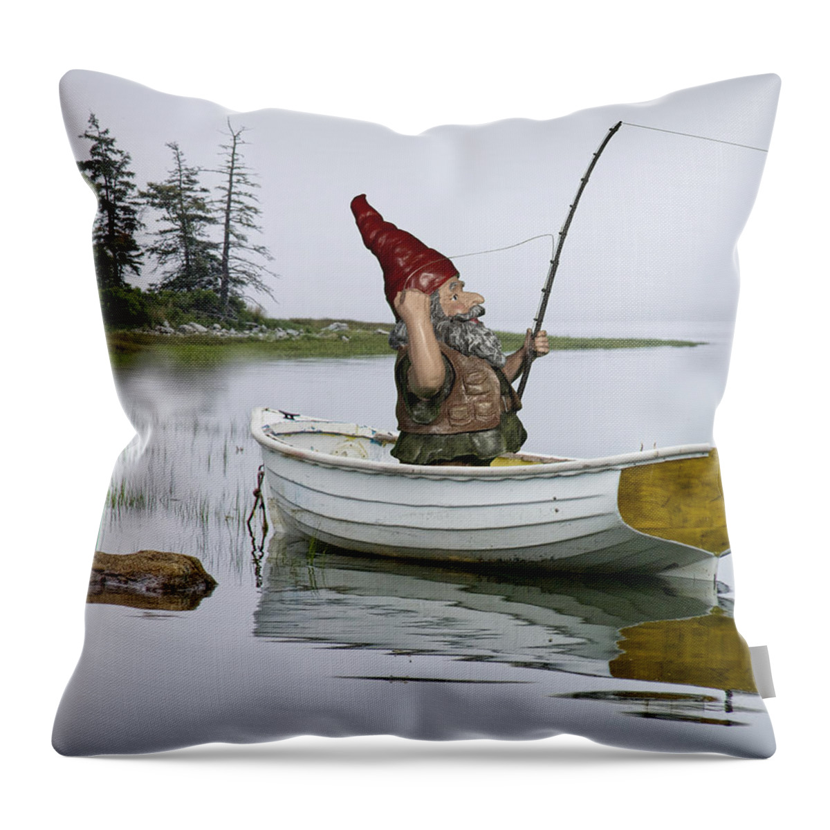 White Boat Throw Pillow featuring the photograph Gnome Fisherman in a White Maine Boat on a Foggy Morning by Randall Nyhof