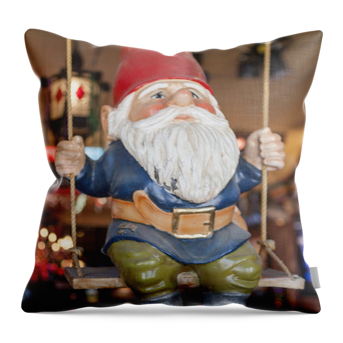 Garden Gnome Throw Pillow featuring the photograph Gnome on a swing 2 by Scott Campbell