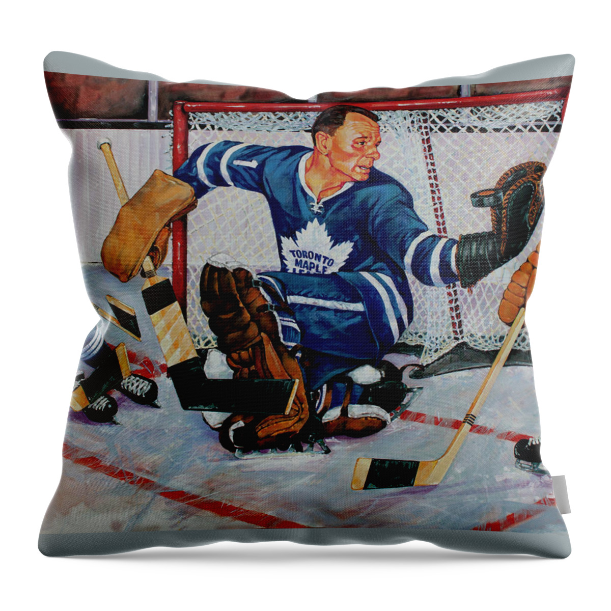 Leafs Throw Pillow featuring the painting Johnny Bower by Derrick Higgins
