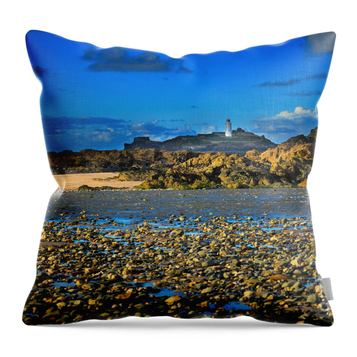Godrevy Throw Pillow featuring the photograph Godrevy Lighthouse Cornwall by Louise Heusinkveld