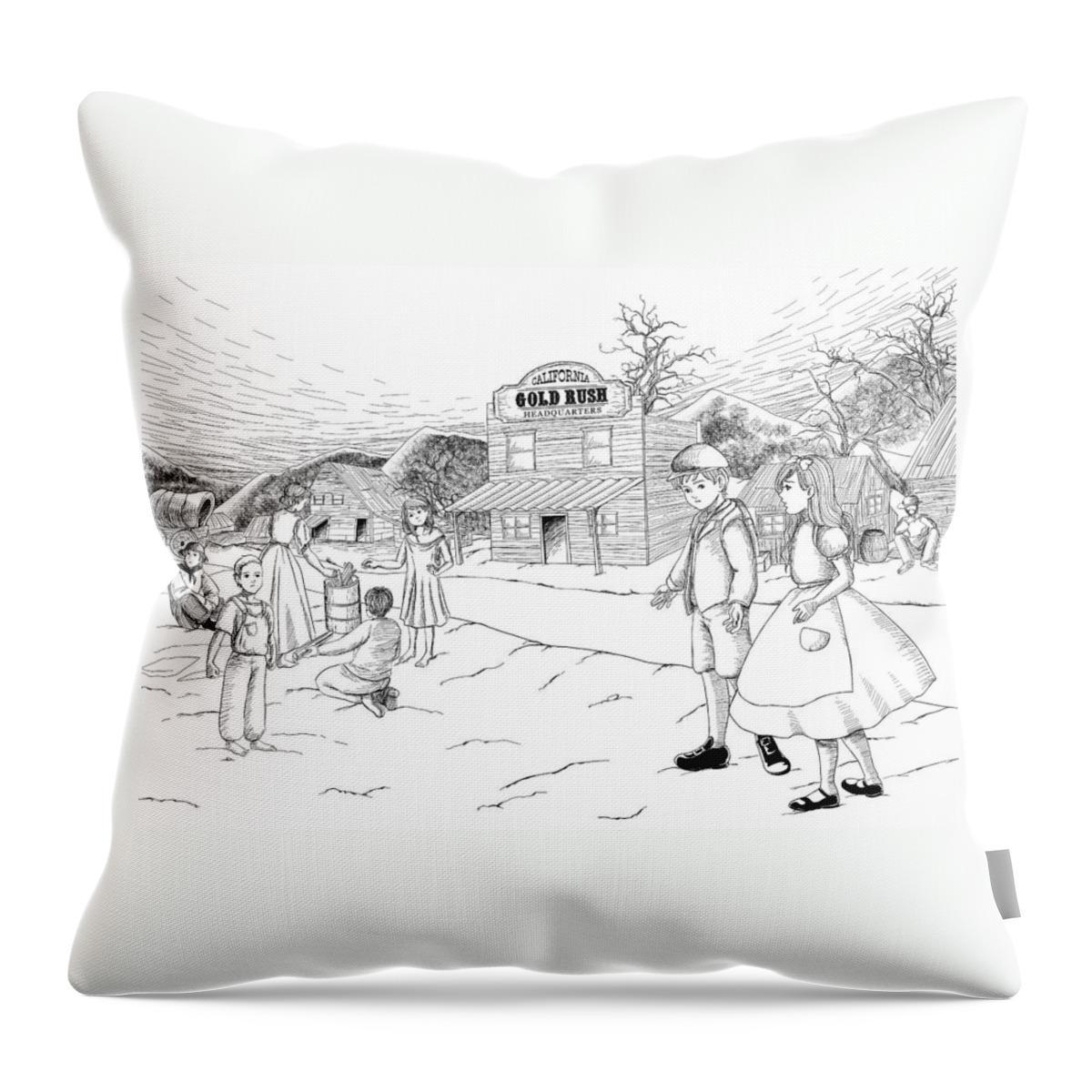 Gold Throw Pillow featuring the painting Walking to school #2 by Reynold Jay