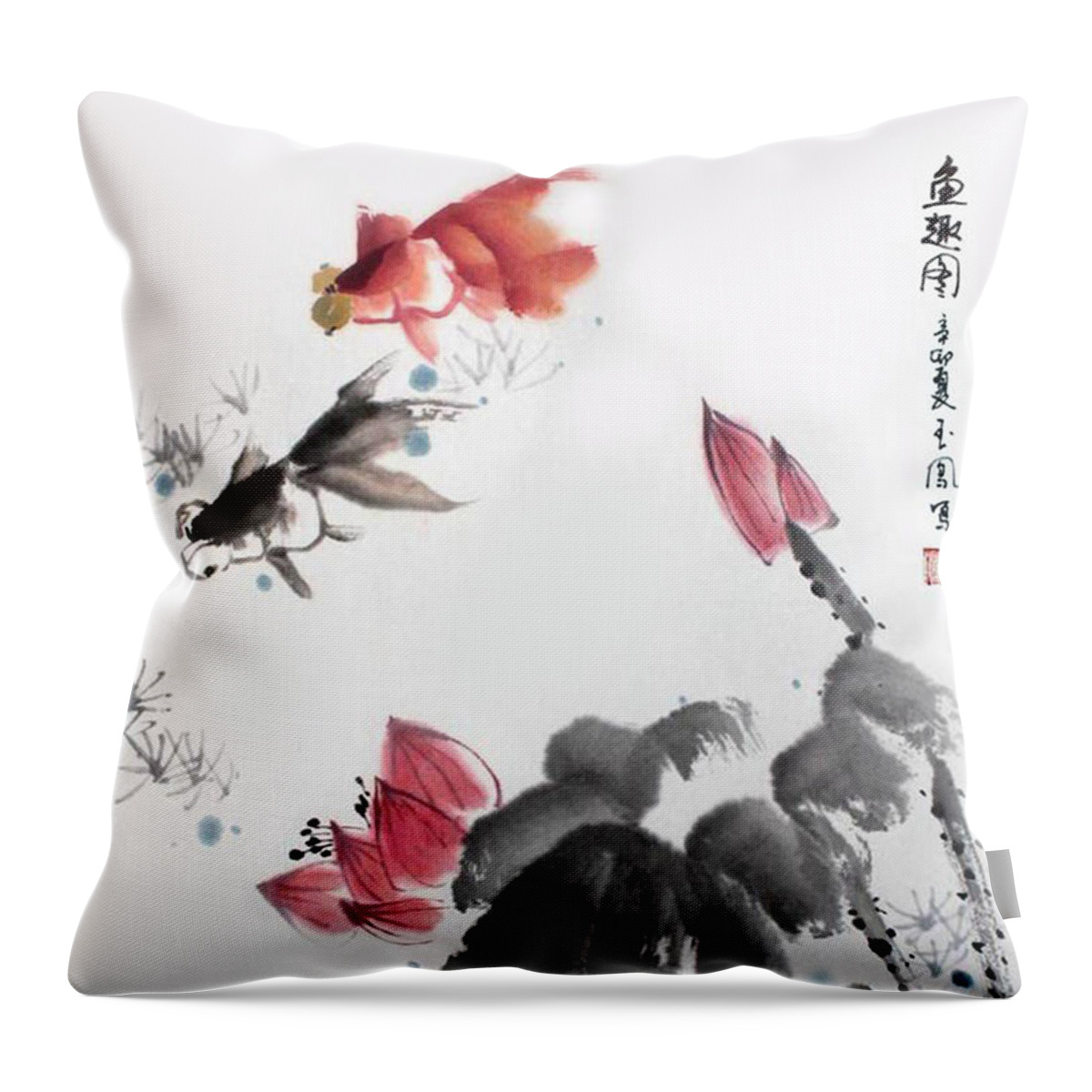 Gold Fish Throw Pillow featuring the photograph Gold Fish in Lotus Pond by Yufeng Wang