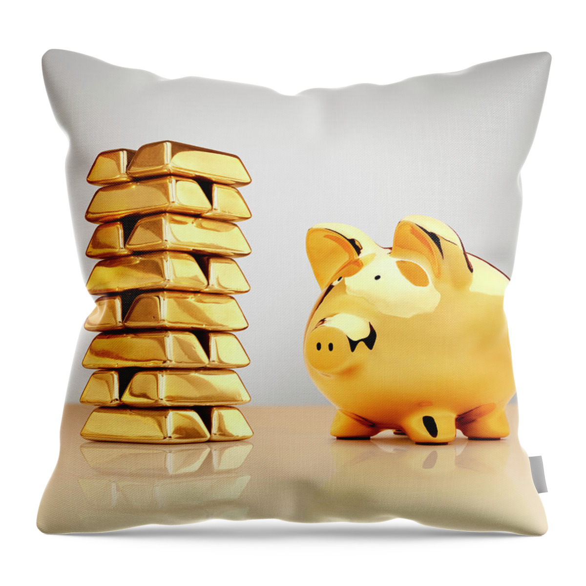 White Background Throw Pillow featuring the photograph Gold Piggy Bank Beside A Stack Of Ingots by Anthony Bradshaw