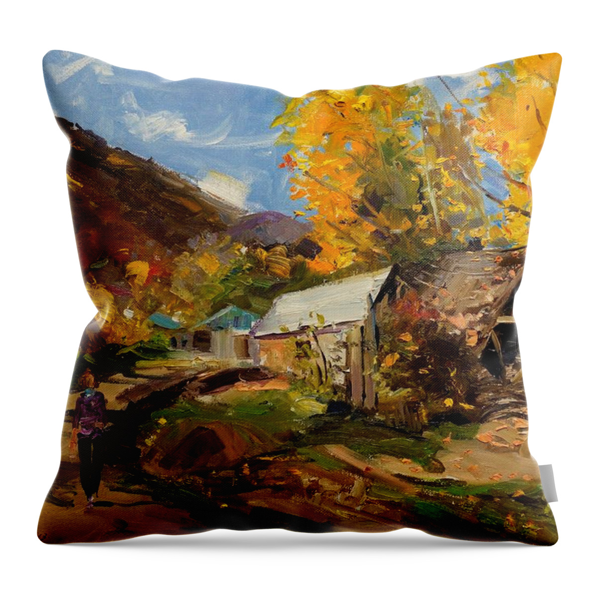 Landscape Throw Pillow featuring the painting Golden Autumn in Vithkuq Korce by Sefedin Stafa