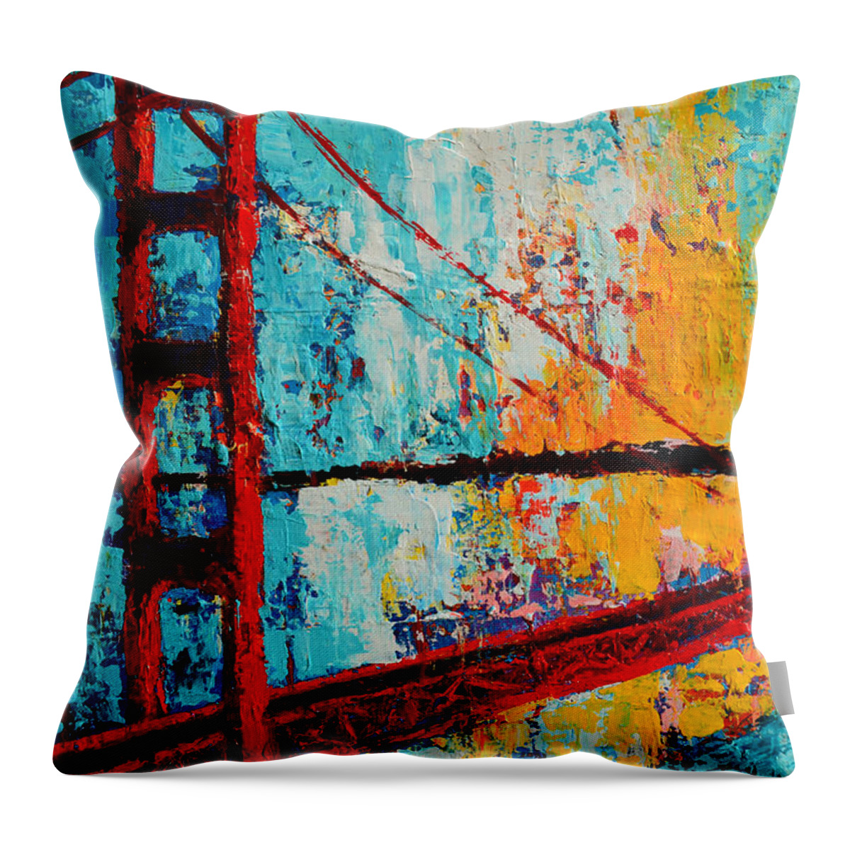 Landmark Throw Pillow featuring the painting Golden Gate Bridge Modern Impressionistic Landscape Painting Palette Knife work by Patricia Awapara