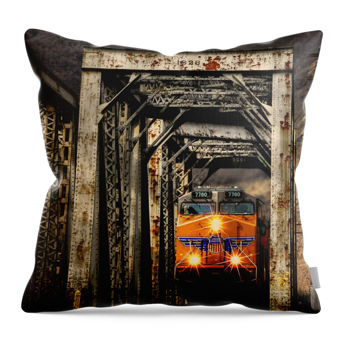 Union Pacific Throw Pillow featuring the photograph Golden Hour Crossing by Ken Smith