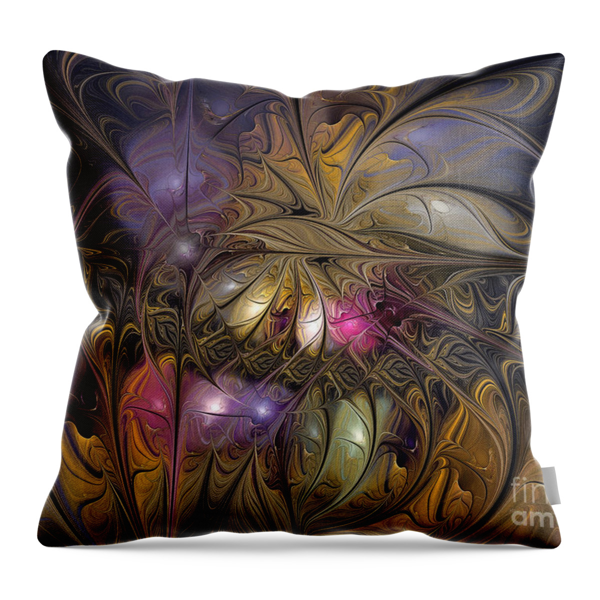 Abstract Throw Pillow featuring the digital art Golden Ornamentations-Fractal Design by Karin Kuhlmann
