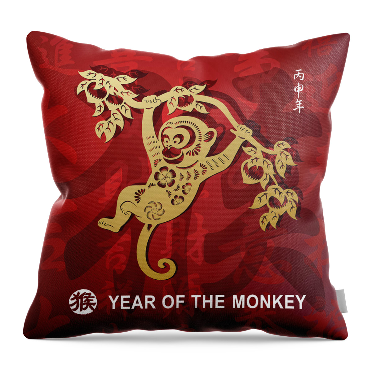 Chinese Culture Throw Pillow featuring the digital art Golden Papercut Art Monkey In Red by Exxorian
