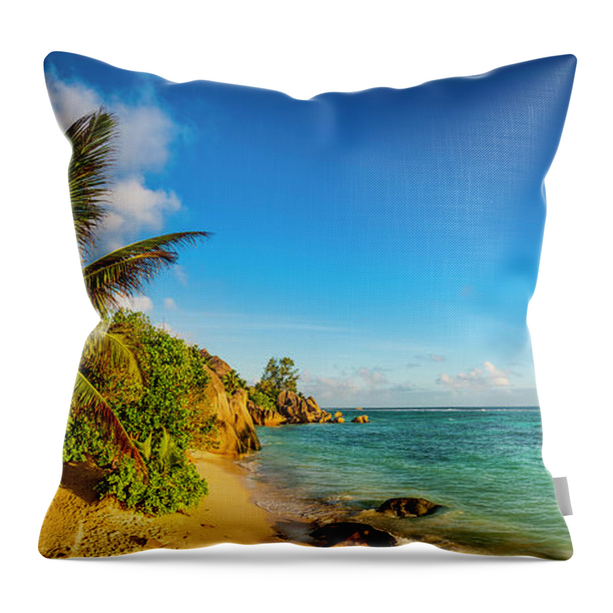 Tropical Rainforest Throw Pillow featuring the photograph Golden Sand Beach Swaying Palm Trees by Fotovoyager