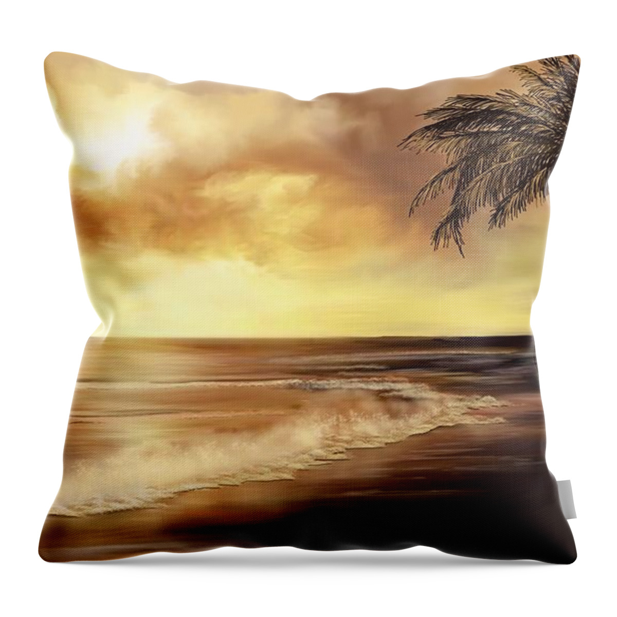 Sea Scape Art Throw Pillow featuring the digital art Golden sky over tropical beach by Anthony Fishburne