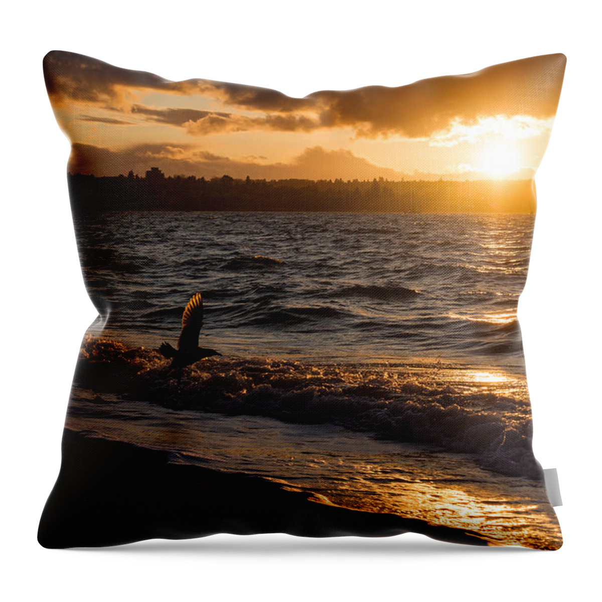 Pacific Ocean Throw Pillow featuring the photograph Golden Wings Golden Water by Georgia Mizuleva