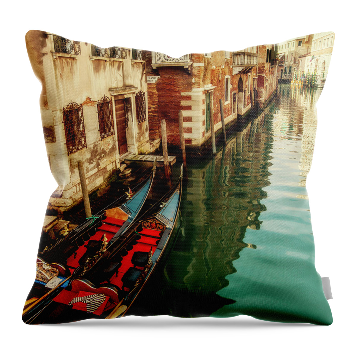 Tranquility Throw Pillow featuring the photograph Gondolas Moored, Sunlit Buildings And by Lesleygooding