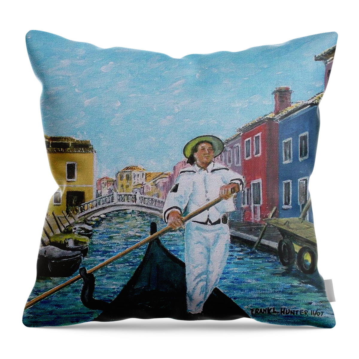 Gondolier Canal Venice Buiildings Throw Pillow featuring the painting Gondolier at Venice Italy by Frank Hunter