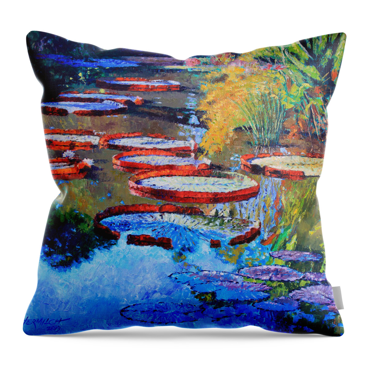 Garden Pond Throw Pillow featuring the painting Good Morning Lily Pond by John Lautermilch