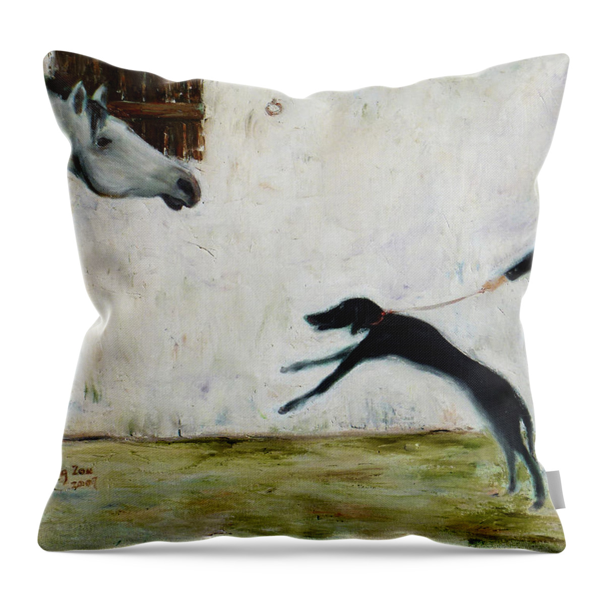 Equine Throw Pillow featuring the painting Good to See You again by Xueling Zou