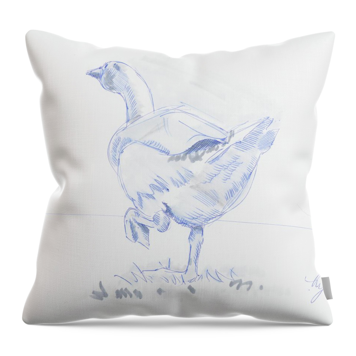 Goose Throw Pillow featuring the drawing Goose Walking by Mike Jory