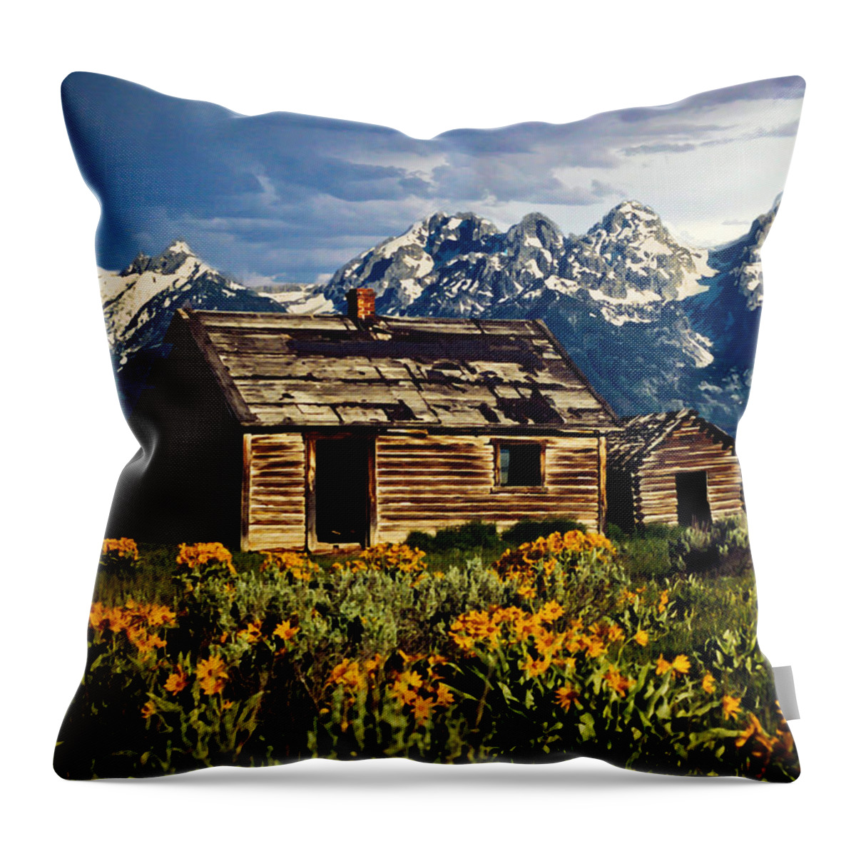 Grand Tetons Throw Pillow featuring the photograph Grand Tetons Cabin by John Haldane