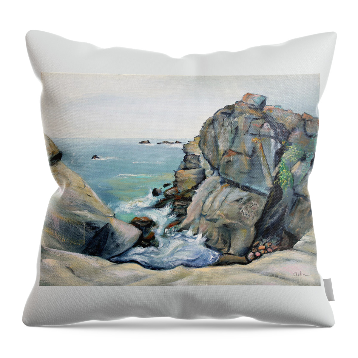 Seascape Painting Throw Pillow featuring the painting Gray Rocks and Sky at Gerstle Cove by Asha Carolyn Young