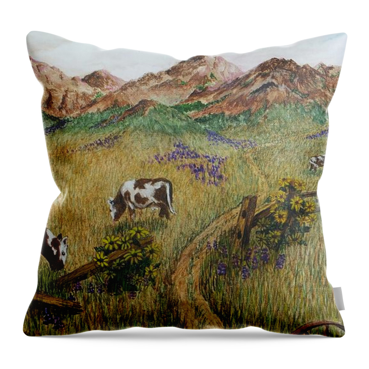 Print Throw Pillow featuring the painting Grazing Cows by Katherine Young-Beck