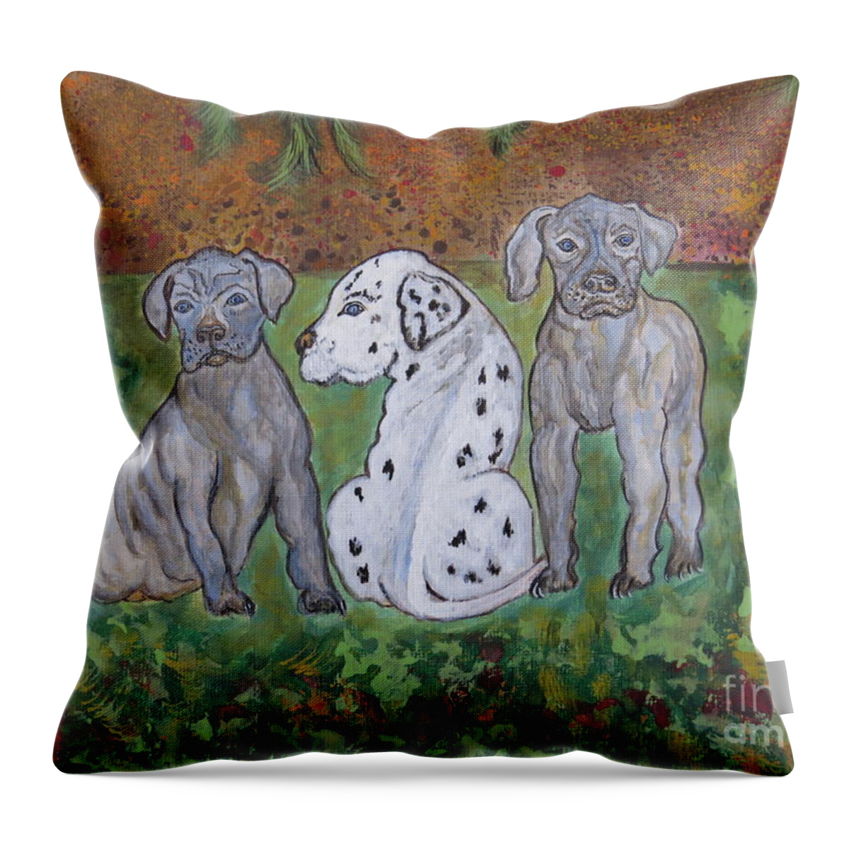 Dog Throw Pillow featuring the painting Great Dane Pups different from all the rest by Ella Kaye Dickey