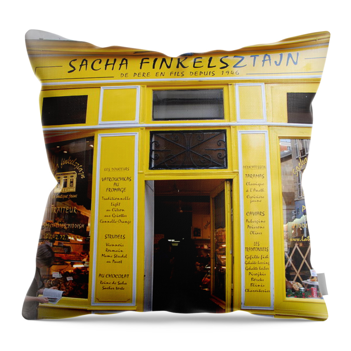 Marais Section Of Paris Throw Pillow featuring the photograph Great Food in Marais by Jacqueline M Lewis