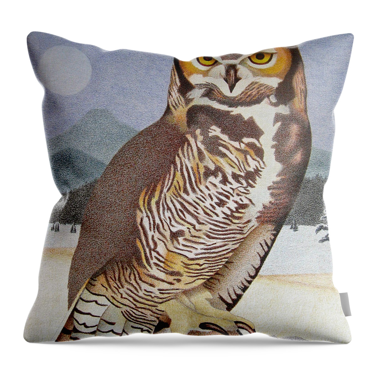 Art Throw Pillow featuring the drawing Great Horned Owl by Dan Miller