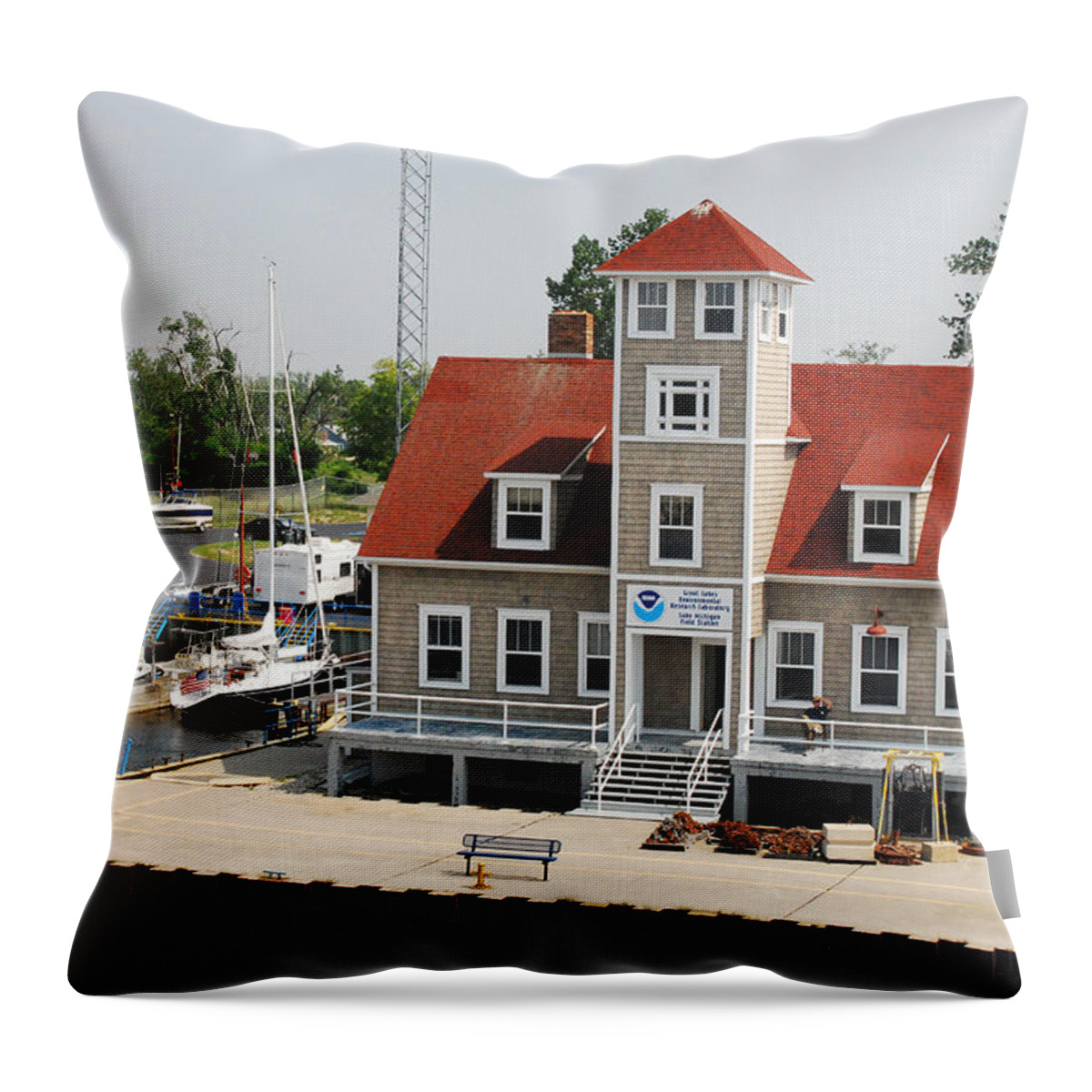 Muskegon Throw Pillow featuring the photograph Great Lakes Environmental Research Lab - Muskegon by Janice Adomeit
