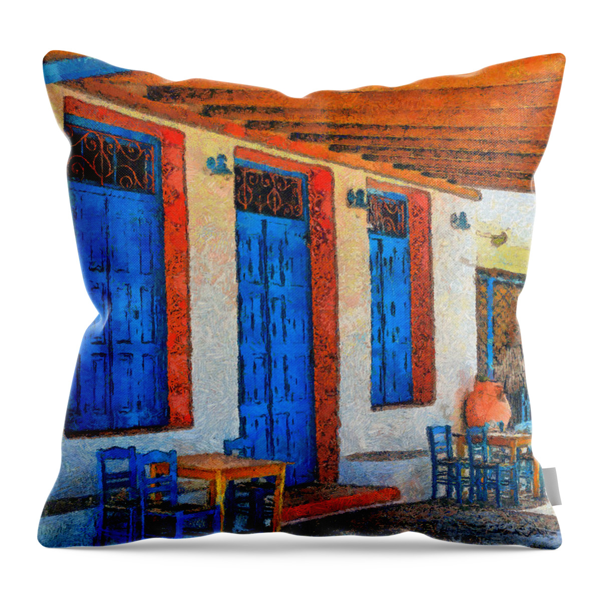Rossidis Throw Pillow featuring the painting Greek cafe by George Rossidis
