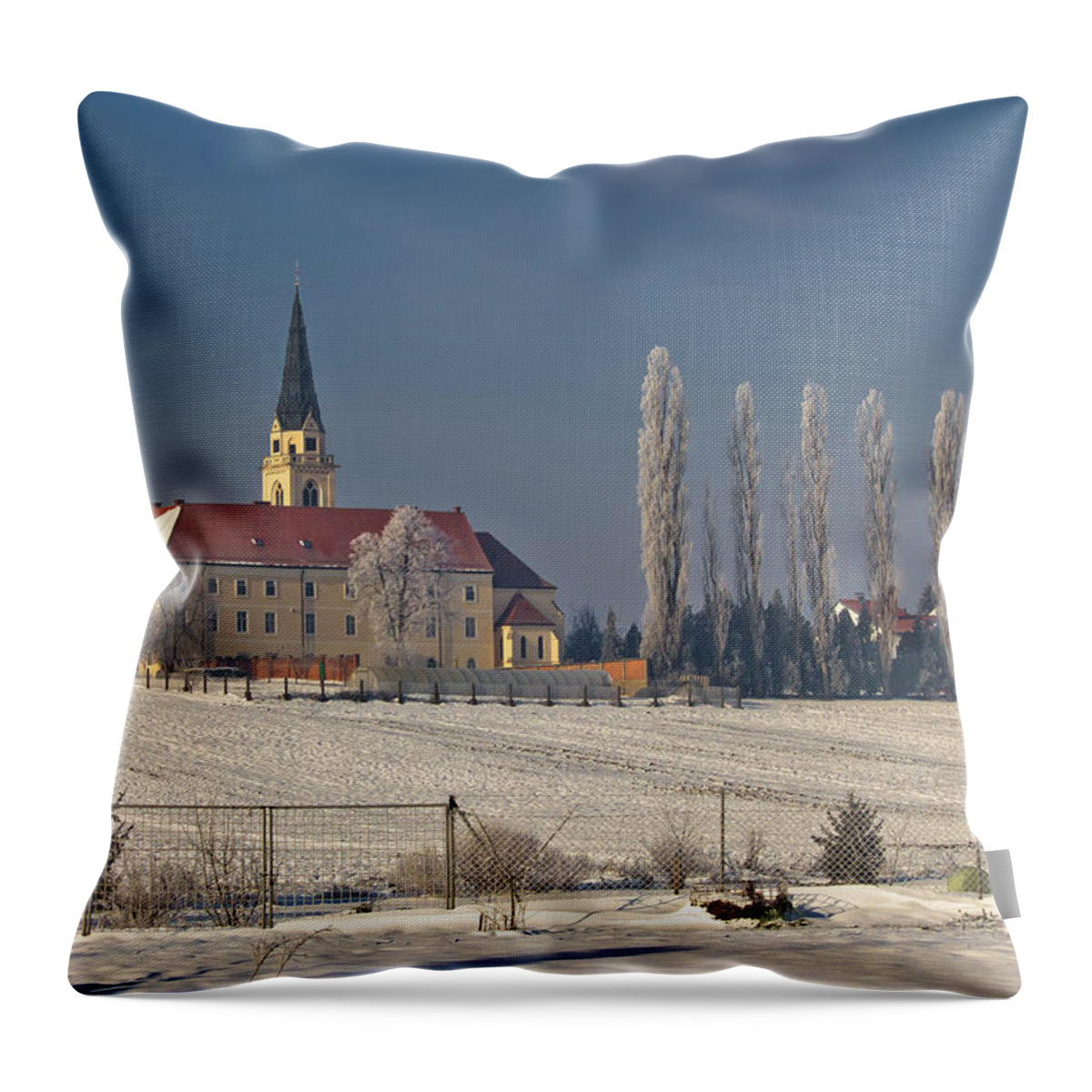 Krizevci Throw Pillow featuring the photograph Greek catholic cathedral in snow landscape by Brch Photography