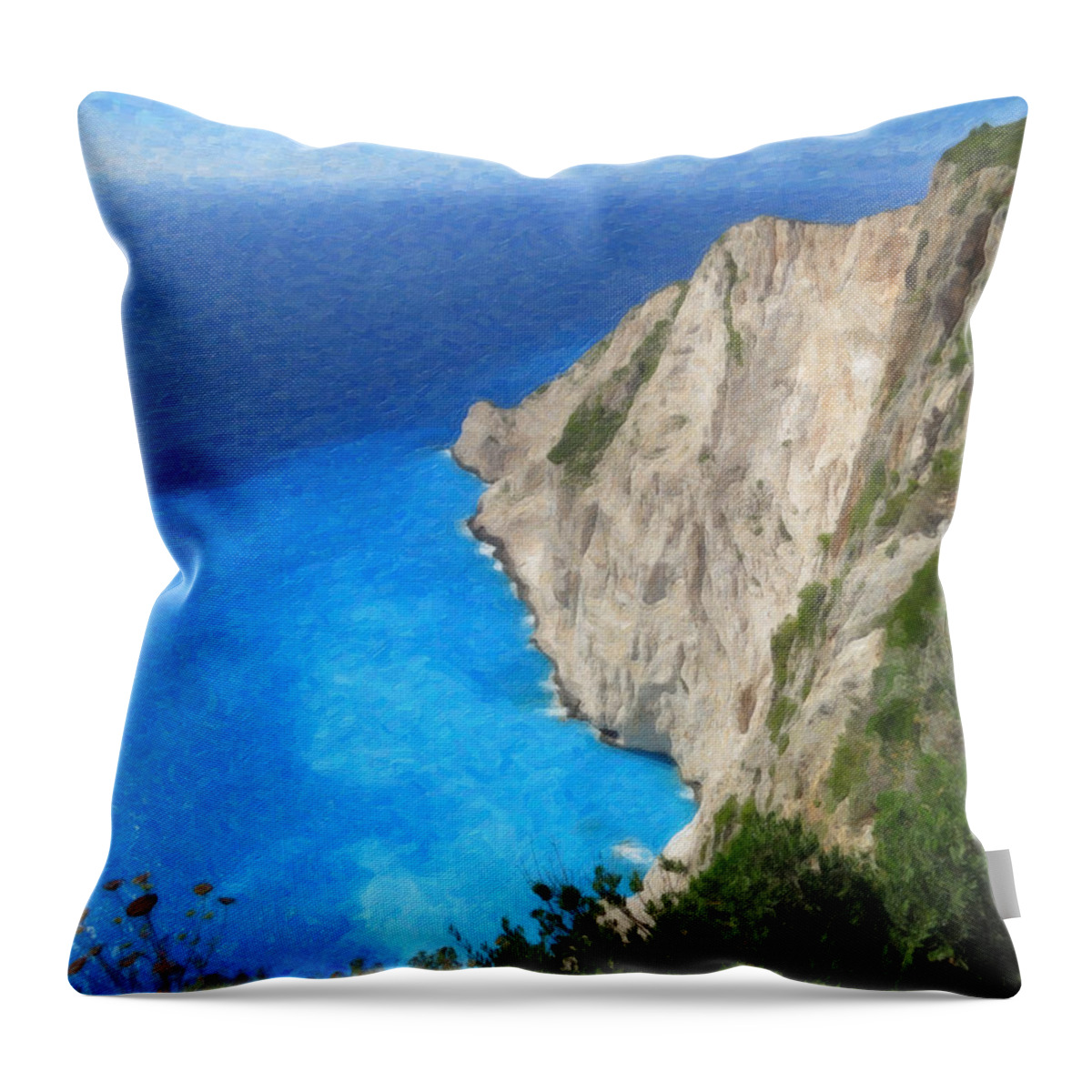 Landscape Sea Throw Pillow featuring the painting Greek Coast Grk4188 by Dean Wittle