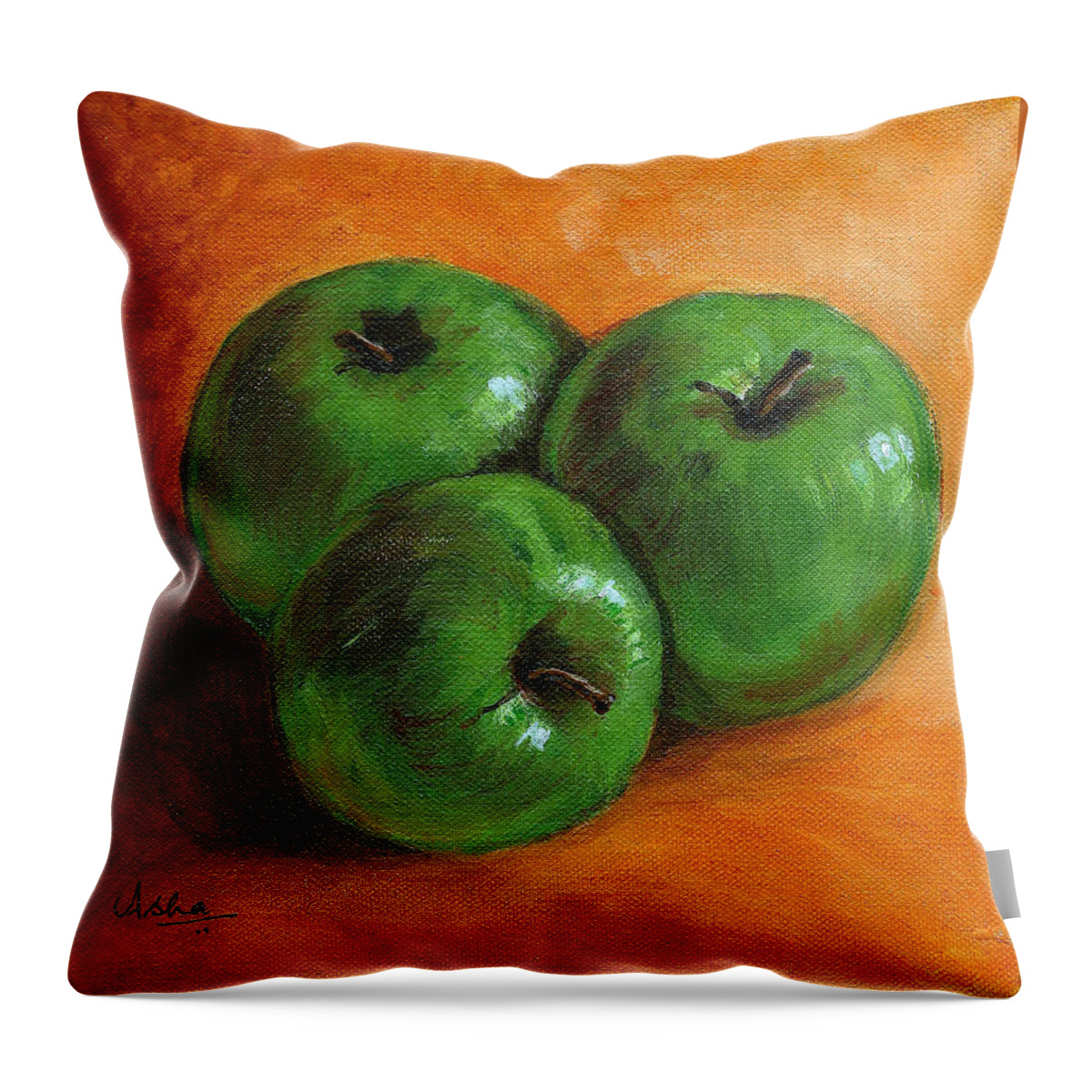 Apples Throw Pillow featuring the painting Green Apples by Asha Sudhaker Shenoy