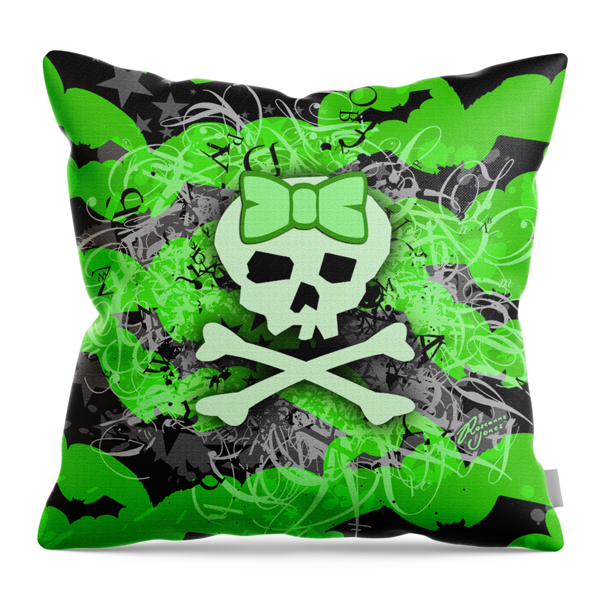 Green Throw Pillow featuring the digital art Green Girly Bat Skull by Roseanne Jones