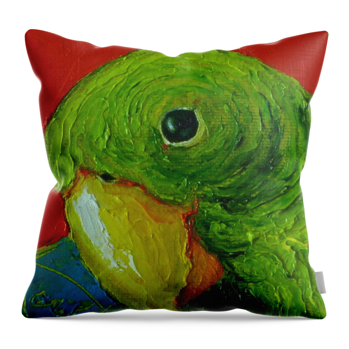 Green Throw Pillow featuring the painting Little Green Parrot by Paris Wyatt Llanso