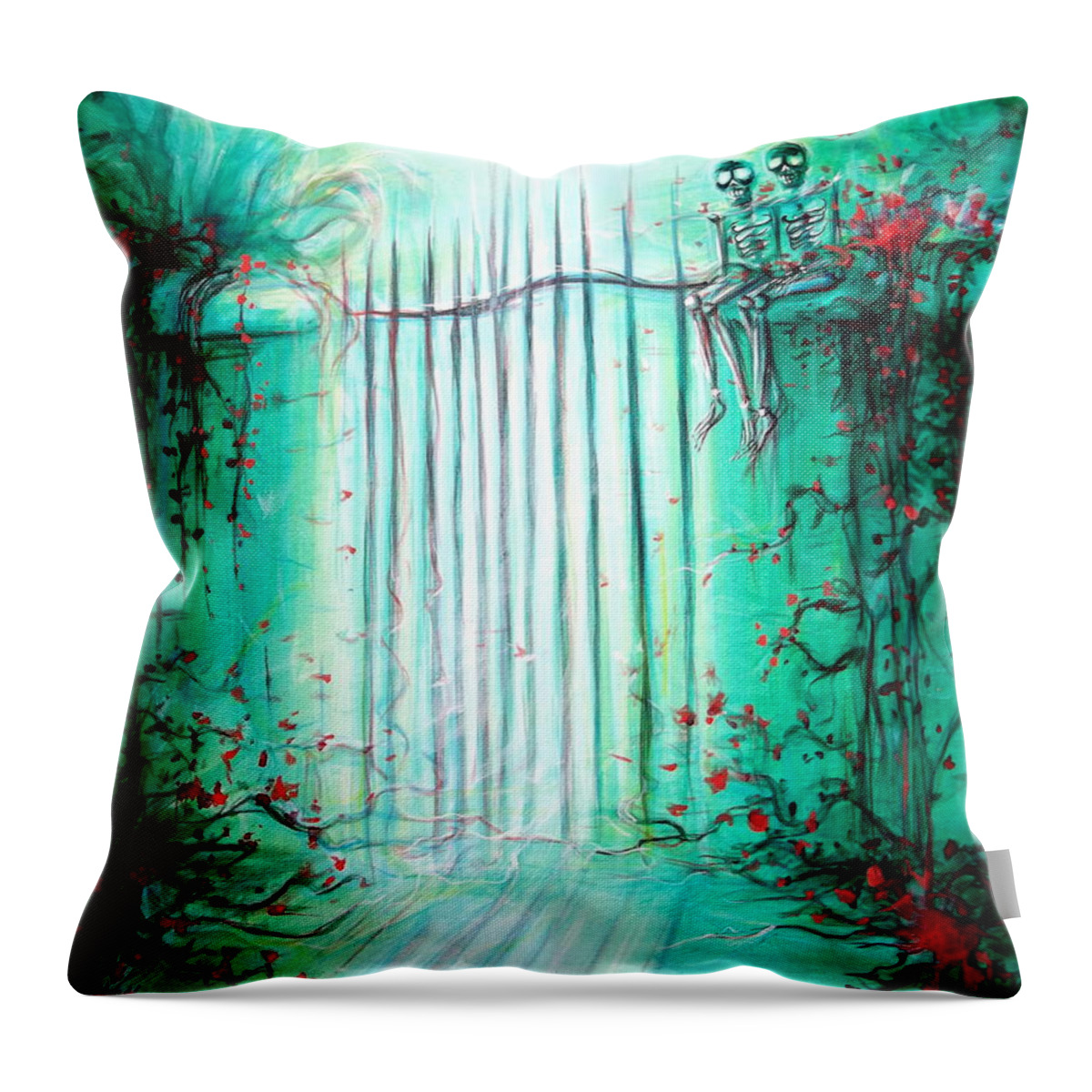 Day Of The Dead Throw Pillow featuring the painting Green Skeleton Gate by Heather Calderon