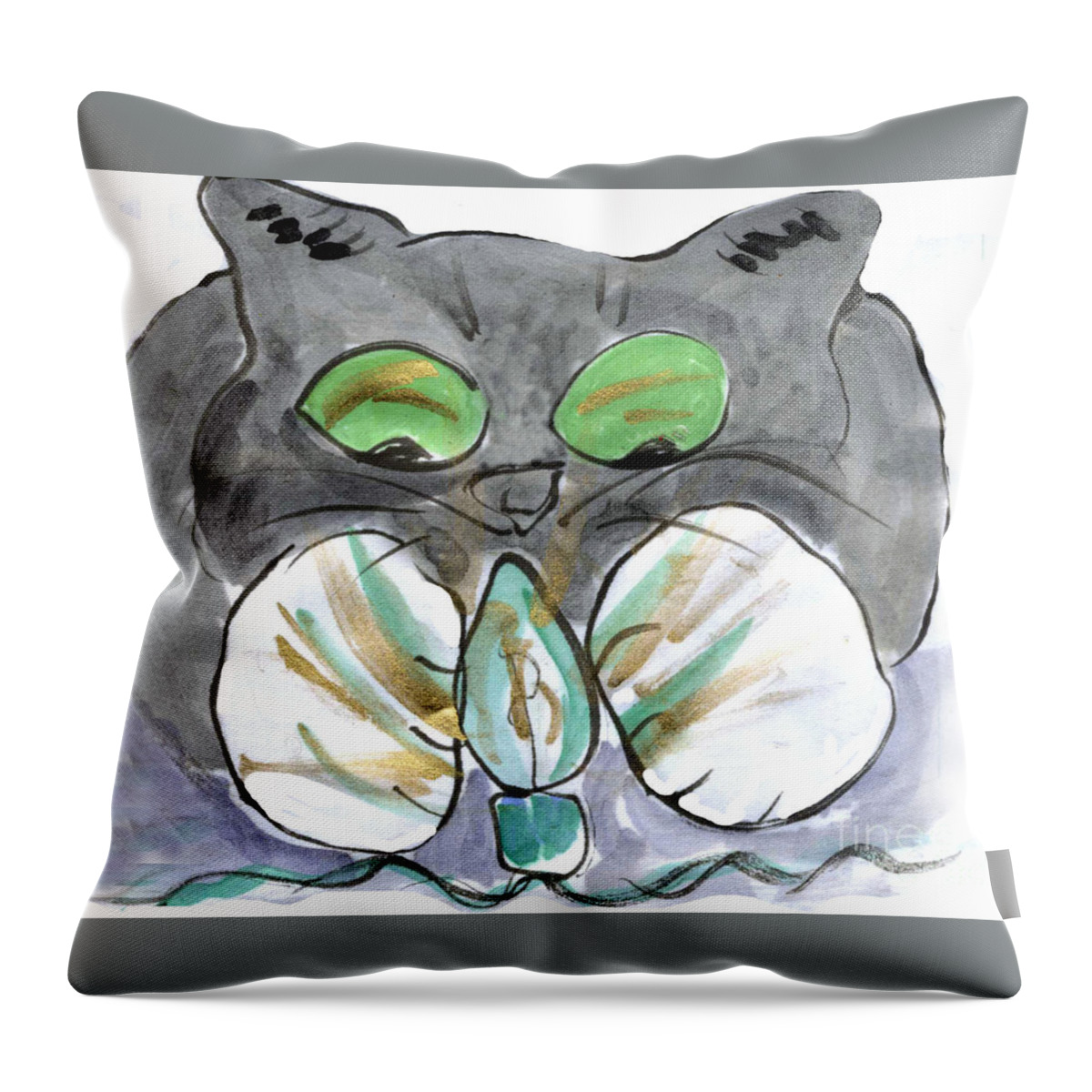 Sumi-e Throw Pillow featuring the painting Green String Light by Ellen Miffitt