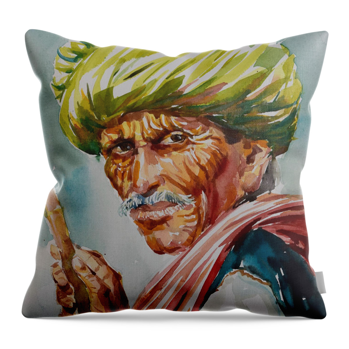  Throw Pillow featuring the painting Green Turban by Jyotika Shroff