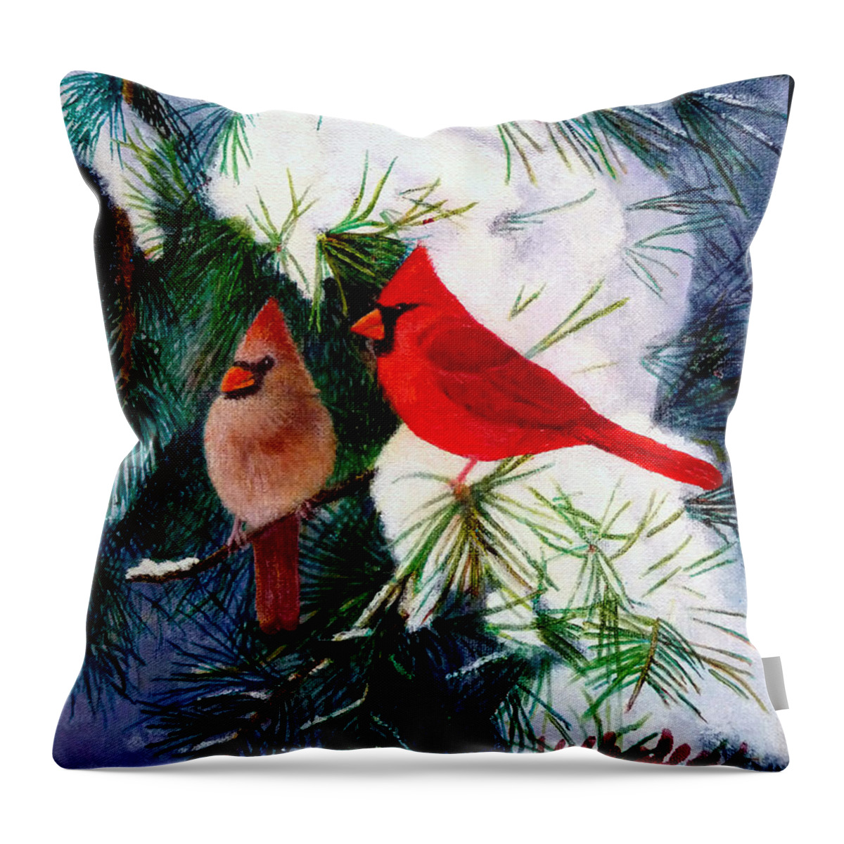 Cardinals Throw Pillow featuring the painting Greeting Cardinals by Jim Whalen
