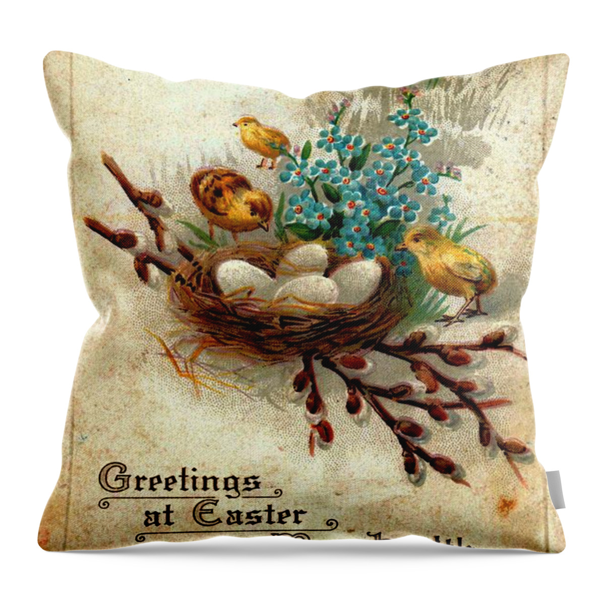 Greetings Throw Pillow featuring the photograph Greetings at Easter 1918 Vintage Postcard by Audreen Gieger
