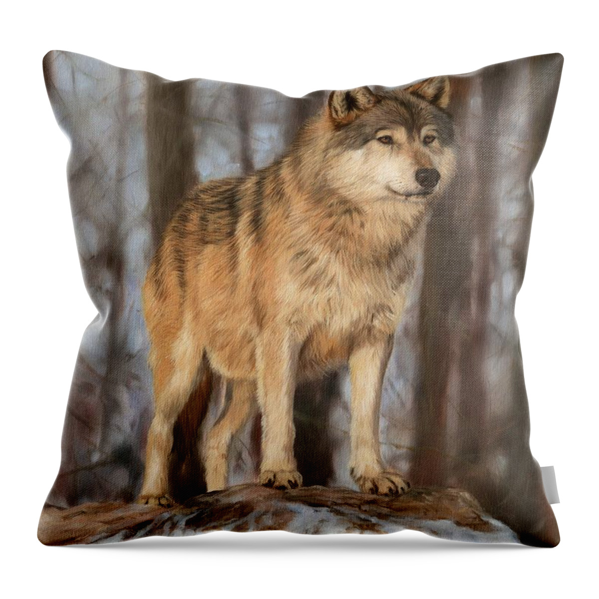 Wolf Throw Pillow featuring the painting Grey Wolf by David Stribbling