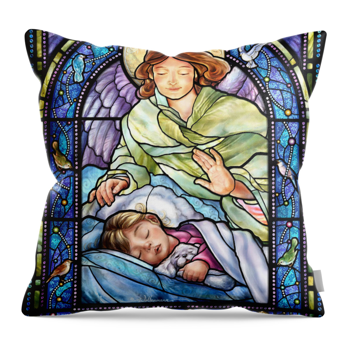 Stained Throw Pillow featuring the digital art Guardian Angel With Sleeping Girl by Randy Wollenmann