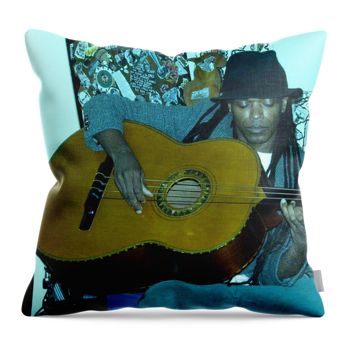 Guiltar Player Throw Pillow featuring the photograph Gully Guitar and Black Hat by Cleaster Cotton