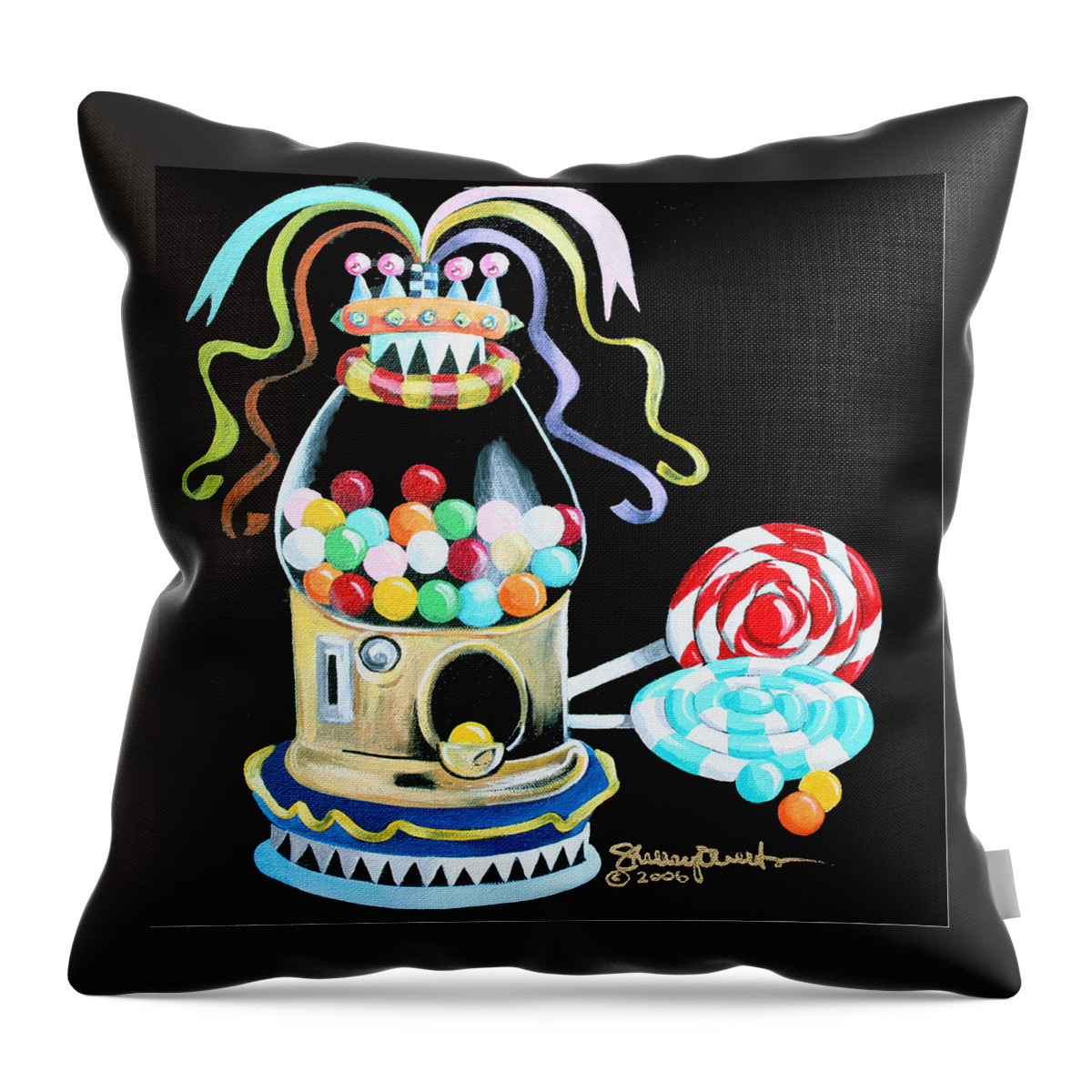 Gumball Machine Throw Pillow featuring the mixed media Gumball Machine and the Lollipops by Shelley Overton