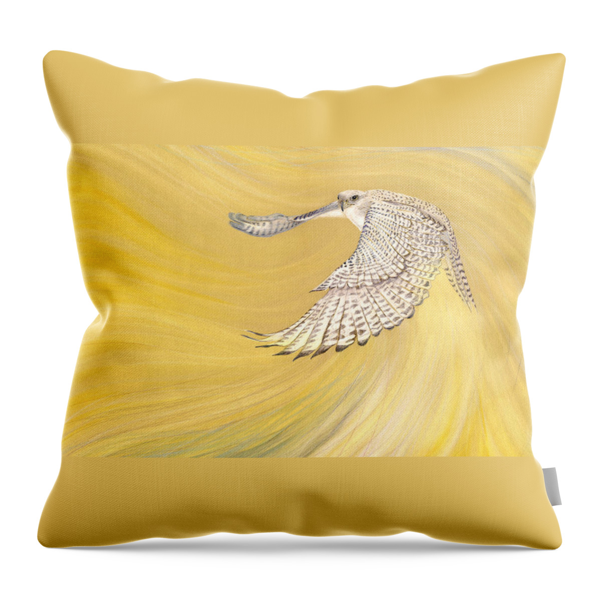 Bird Throw Pillow featuring the drawing Gyrfalcon Gliding into the Light by Robin Aisha Landsong