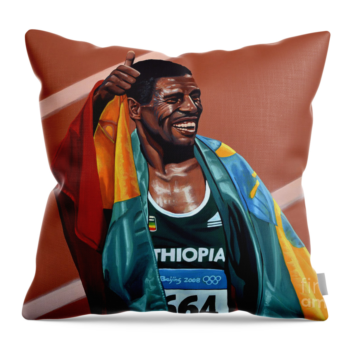 Haile Gebrselassie Throw Pillow featuring the painting Haile Gebrselassie by Paul Meijering