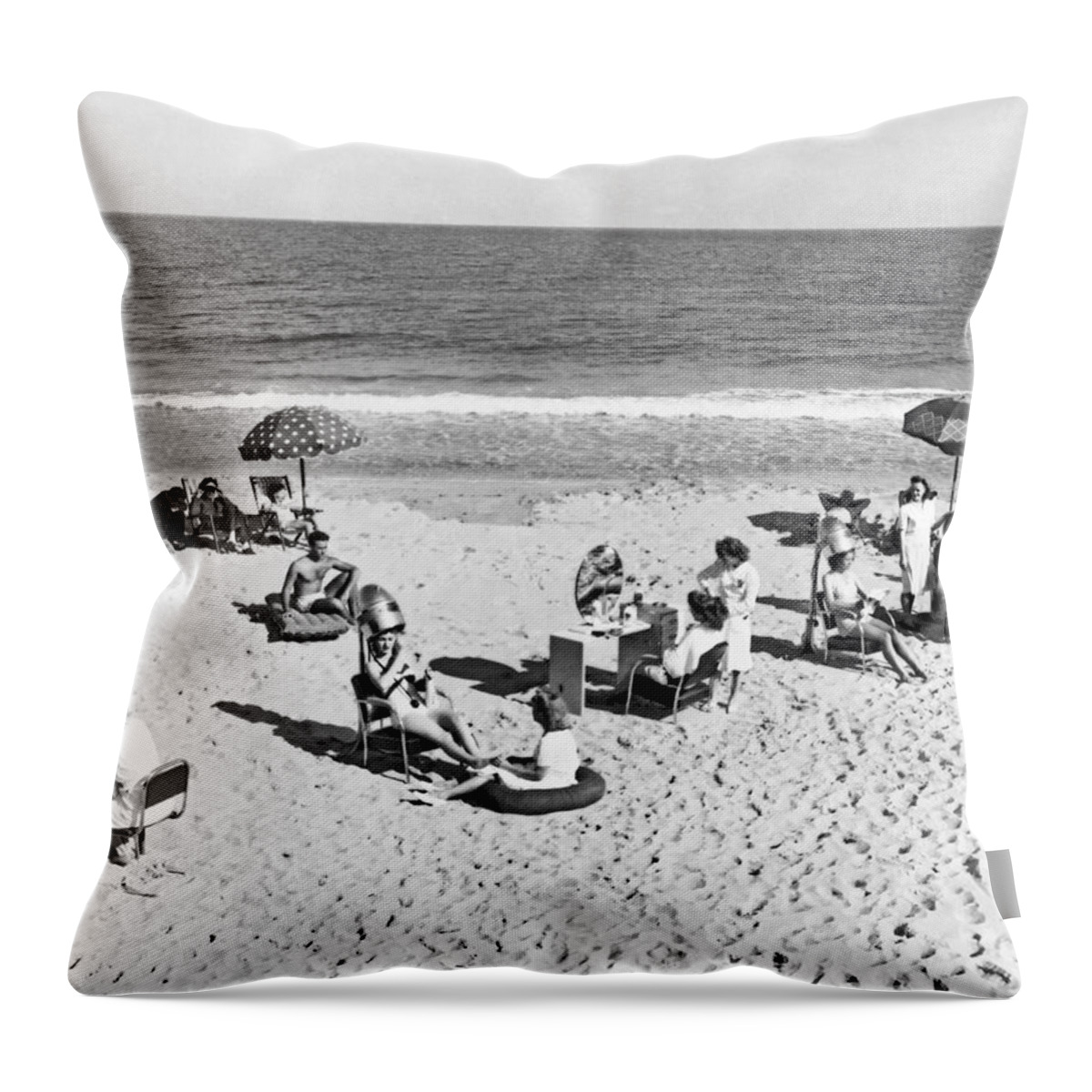 1930s Throw Pillow featuring the photograph Hair Salon On The Beach by Underwood Archives