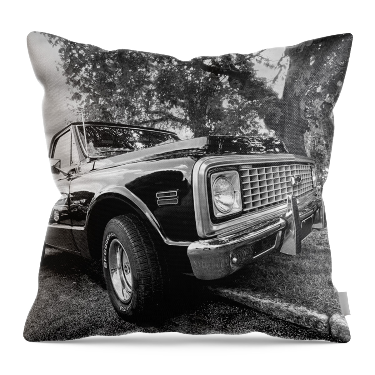 Chevrolet Truck Throw Pillow featuring the photograph Halcyon Days - 1971 Chevy Pickup BW by Gill Billington