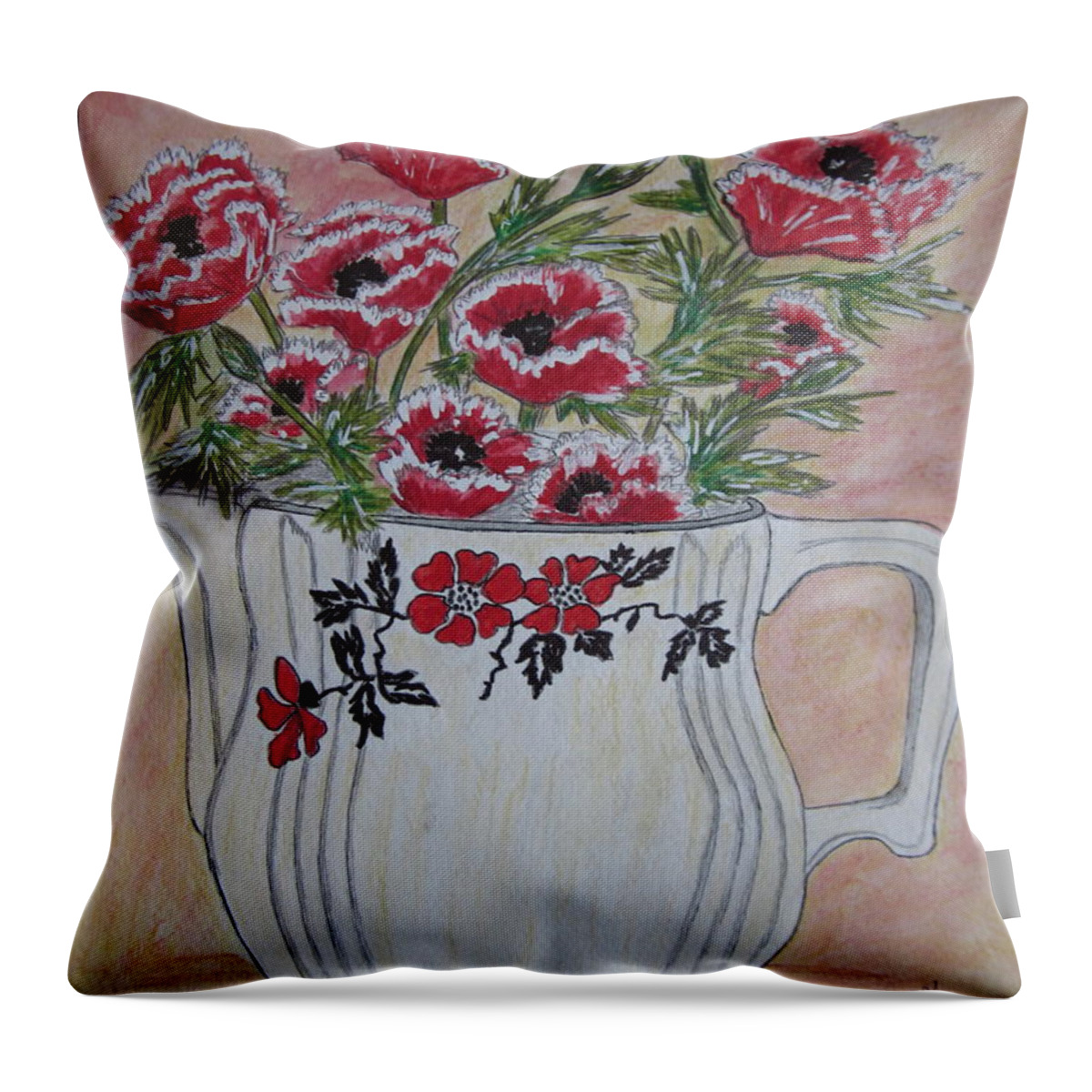 Hall China Throw Pillow featuring the painting Hall China Red Poppy and Poppies by Kathy Marrs Chandler