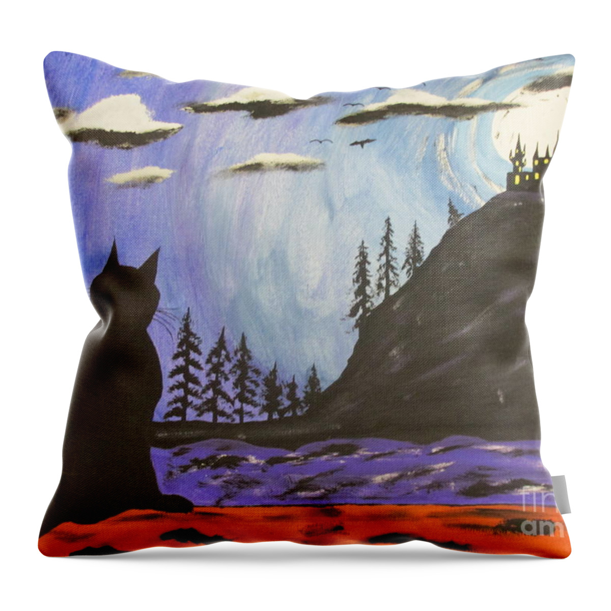 Halloween Throw Pillow featuring the painting Halloween Black Cat Painting by Jeffrey Koss