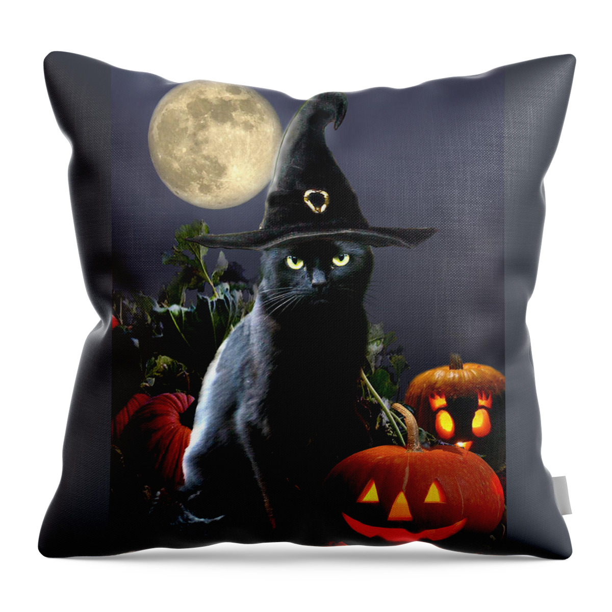 Halloween Pet Picture Throw Pillow featuring the painting Witchy black Halloween Cat by Regina Femrite