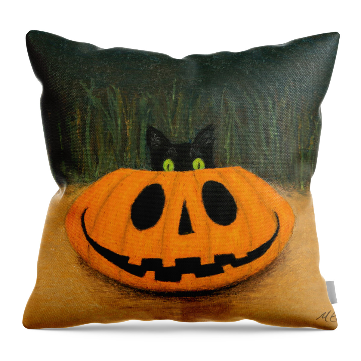 Oil Pastel Throw Pillow featuring the painting Halloween Kitty by Marna Edwards Flavell